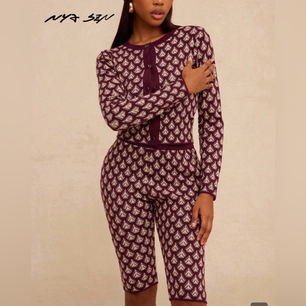 SHEIN Purple Knit Cardigan and Pants Set with Cream Chevron Motif